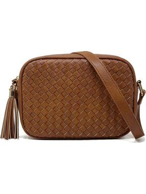 Women's Brown Faux Leather Lightweight Small  Woven Boho Style Crossbody Bags